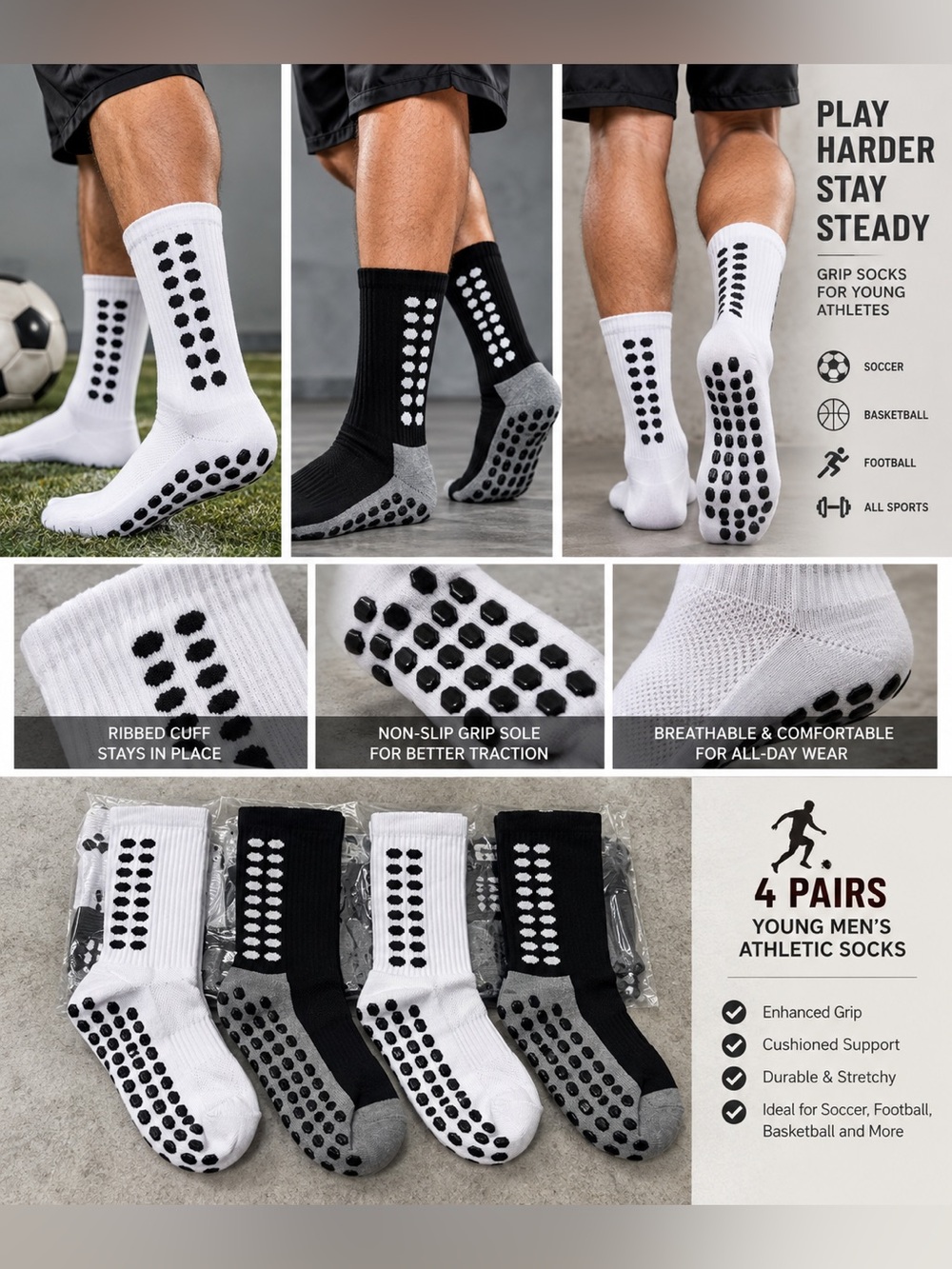 Young Men's Black & White Non-Slip Athletic Grip Socks - 4 Pack